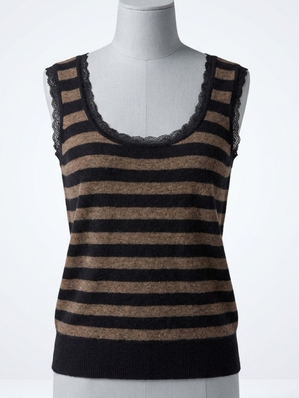 Dolce & Gabbana Wool Striped Lace-Trim Sweater Tank, Blk/Brn, 44, GUC